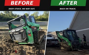 Before and after: a Bobcat compact track loader buried in deep mud, then back on firm ground after a Safeway Services winch-out